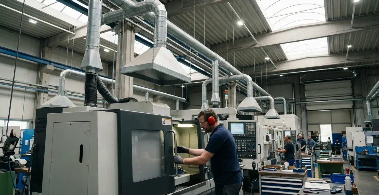 Atelier industriel moderne avec système filtration air en fonctionnement