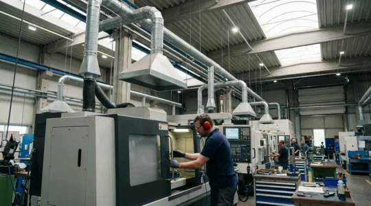 Atelier industriel moderne avec système filtration air en fonctionnement