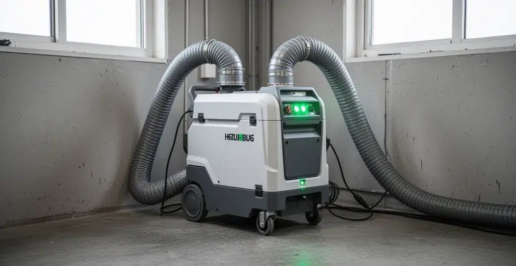 Dépoussiéreur industriel compact avec voyants actifs en atelier