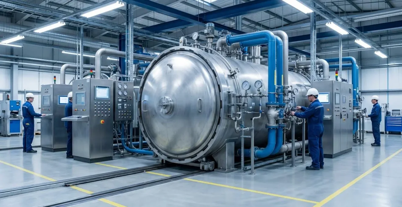 Installation autoclave industriel de polymérisation sous pression avec panneaux de contrôle dans atelier aéronautique