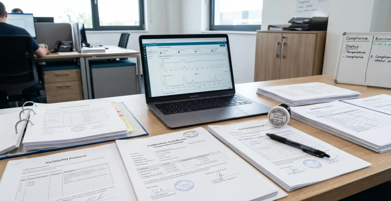 Documents de validation IQ/OQ/PQ étalés sur bureau avec certificats d'étalonnage et ordinateur affichant tableau de bord de conformité réglementaire