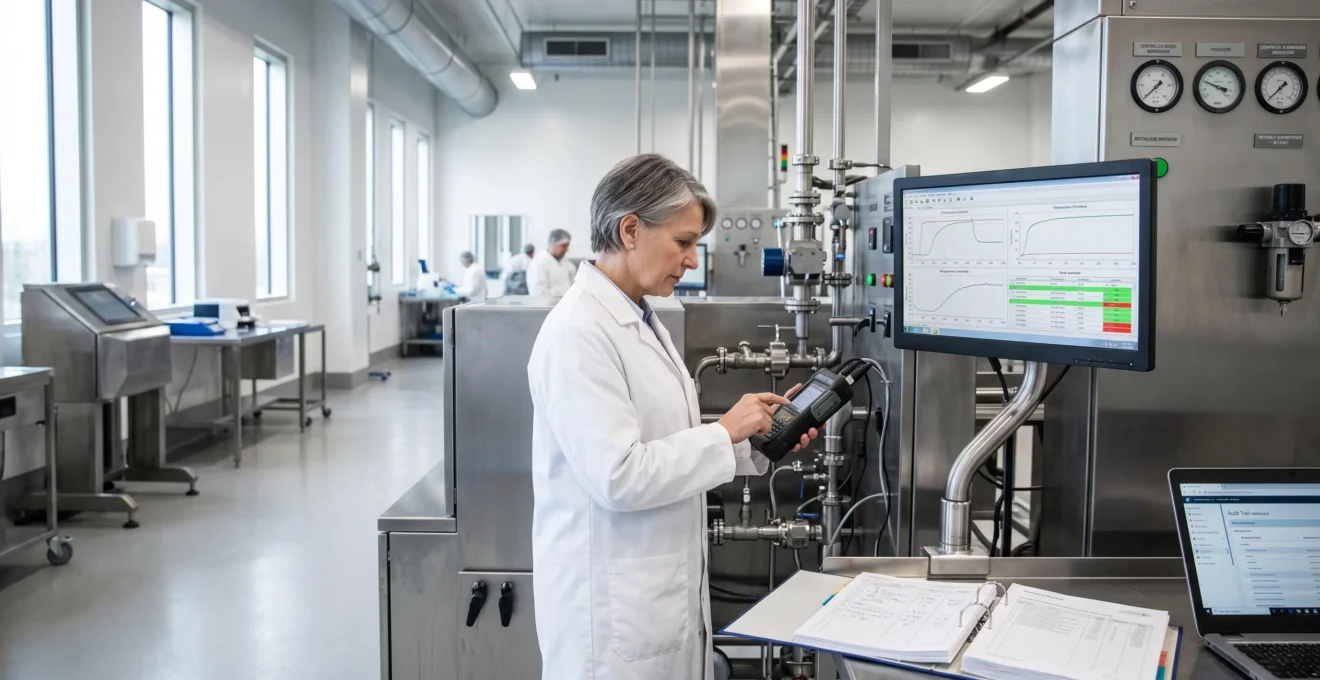 Technicien en blouse blanche consultant un data logger installé sur équipement industriel dans un laboratoire pharmaceutique avec écrans de monitoring et documentation qualité