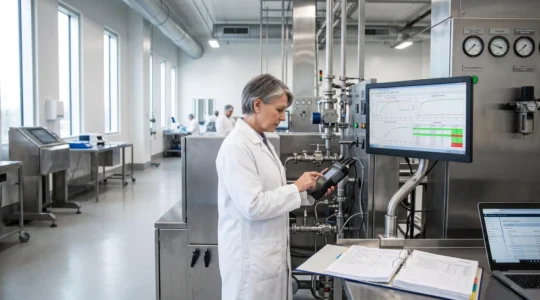 Technicien en blouse blanche consultant un data logger installé sur équipement industriel dans un laboratoire pharmaceutique avec écrans de monitoring et documentation qualité