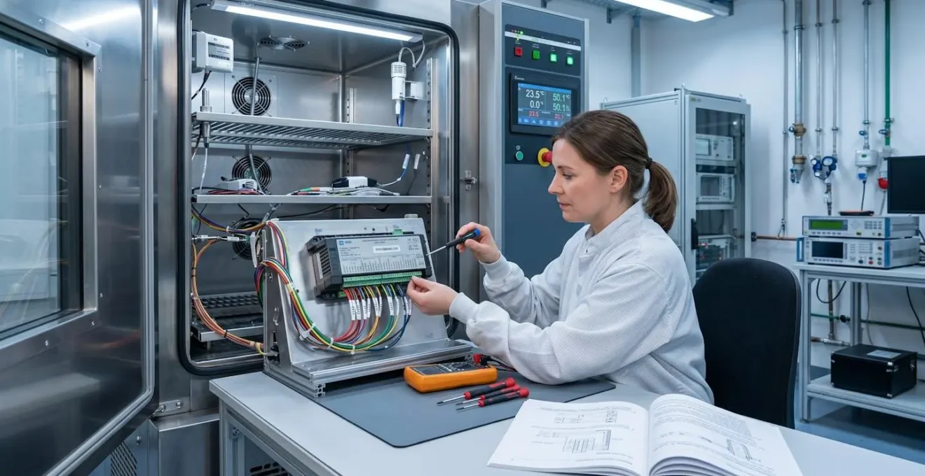 Technicien installant un data logger dans enceinte climatique avec outils de mesure et manuel de procédures, câblage et interface de configuration