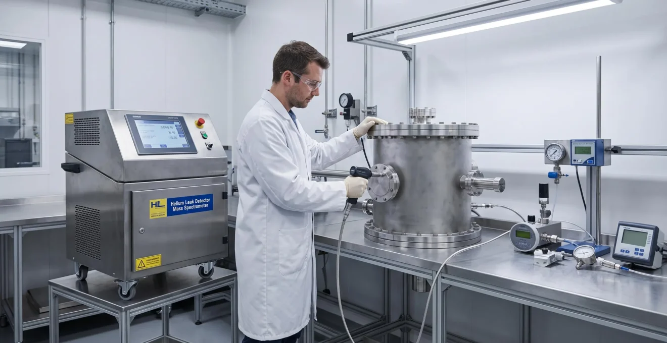 Technicien effectuant un test d'étanchéité par spectrométrie hélium sur composant industriel scellé
