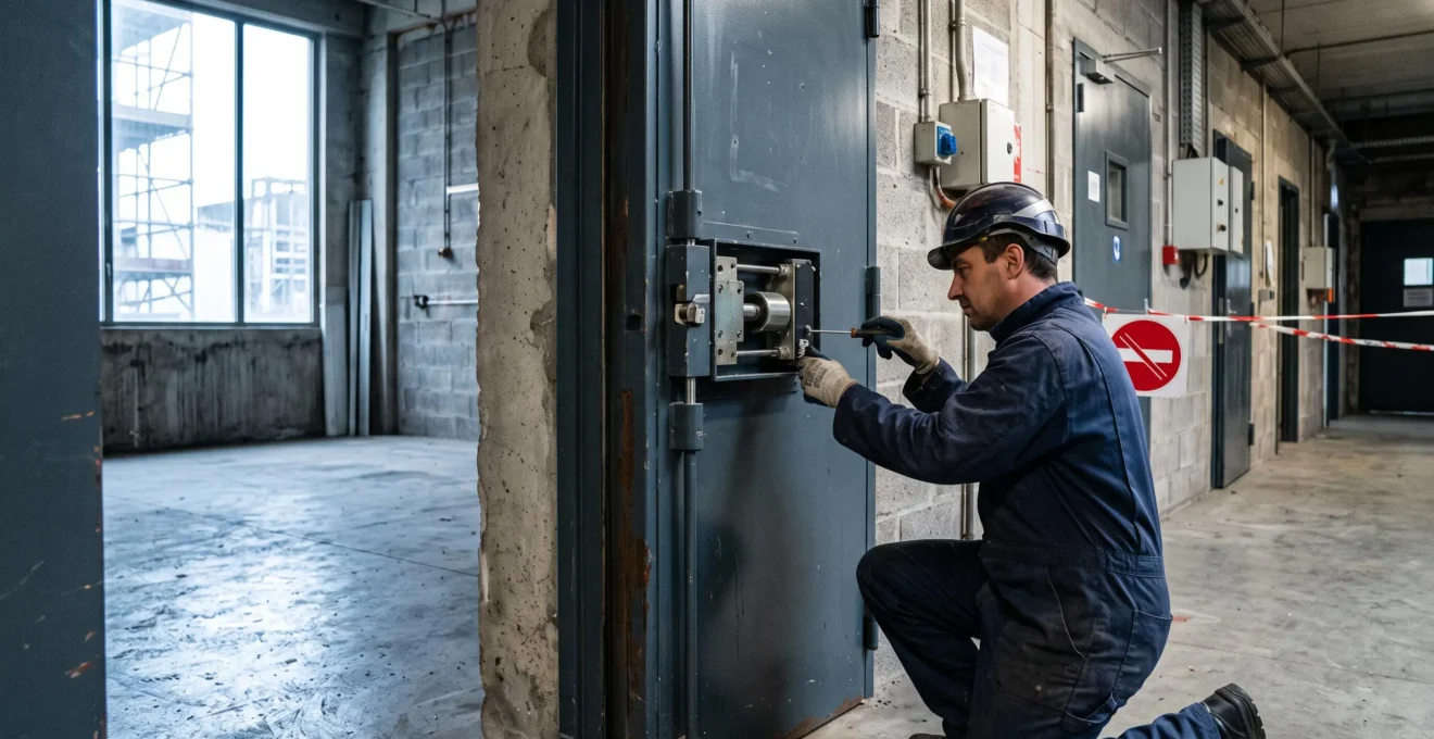 Technicien vérifiant un électroaimant monostable sur une porte sécurisée d'un bâtiment industriel.
