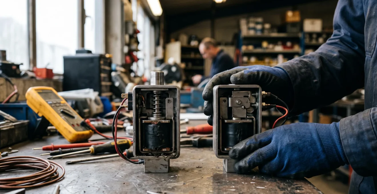 Mains d'un ingénieur comparant deux électroaimants industriels sur un plan de travail d'atelier.
